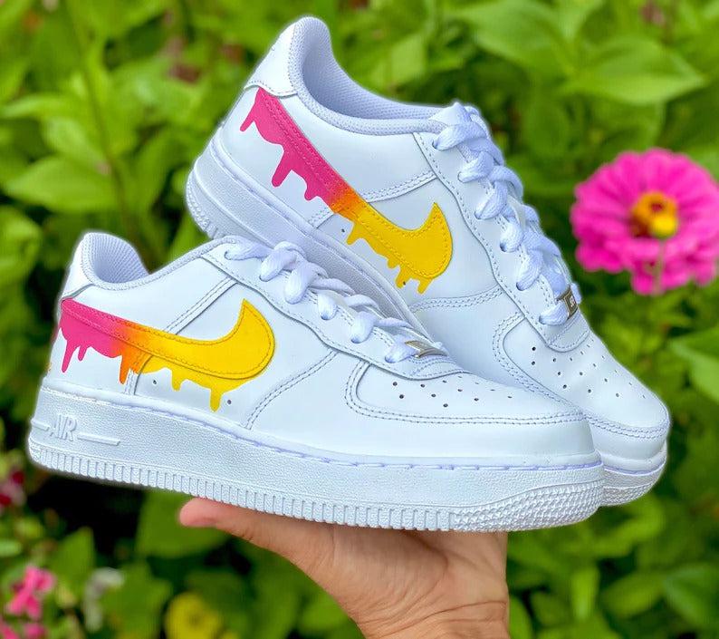 Custom Pink Yellow Nike Drip Air Force Ones