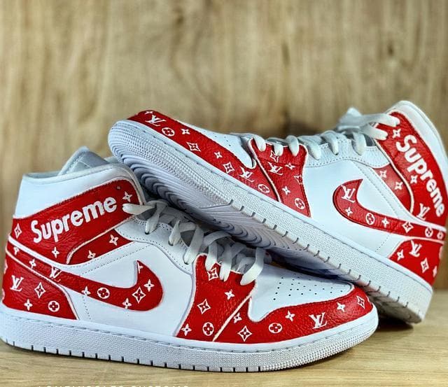 $7500 RED DENIM LV SUPREME JORDAN 1 ONLY 4 IN THE WORLD ONLY AT