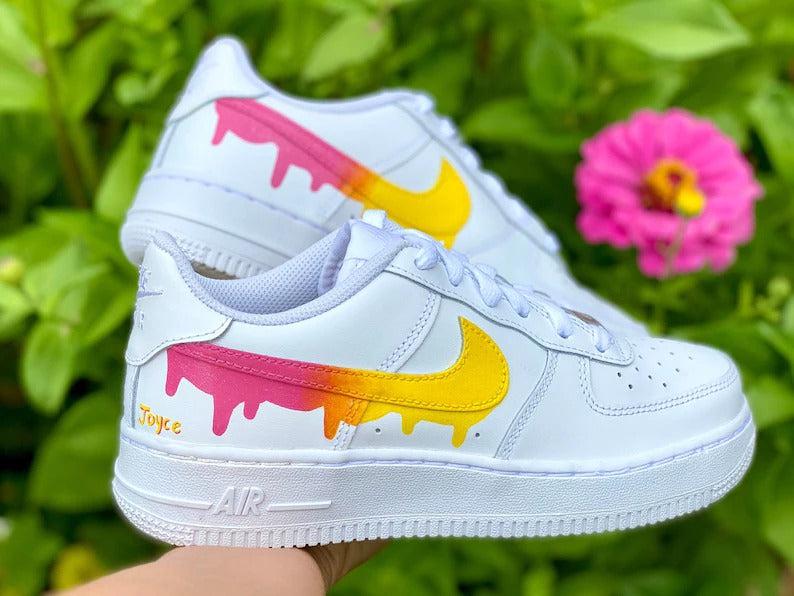 Custom Pink Yellow Nike Drip Air Force Ones
