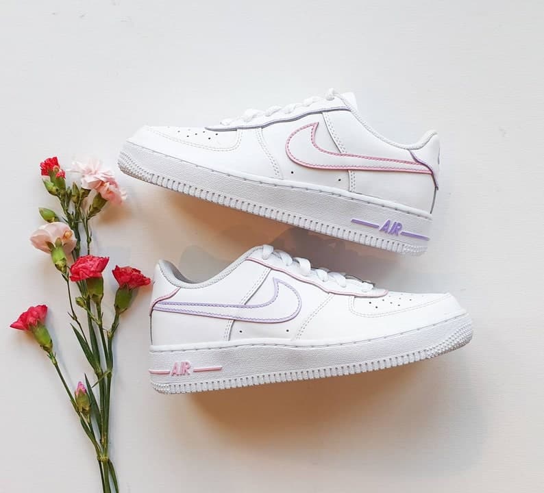 Lilac and pink: painted tick, mid-soles and details. Custom Nike Air Force 1